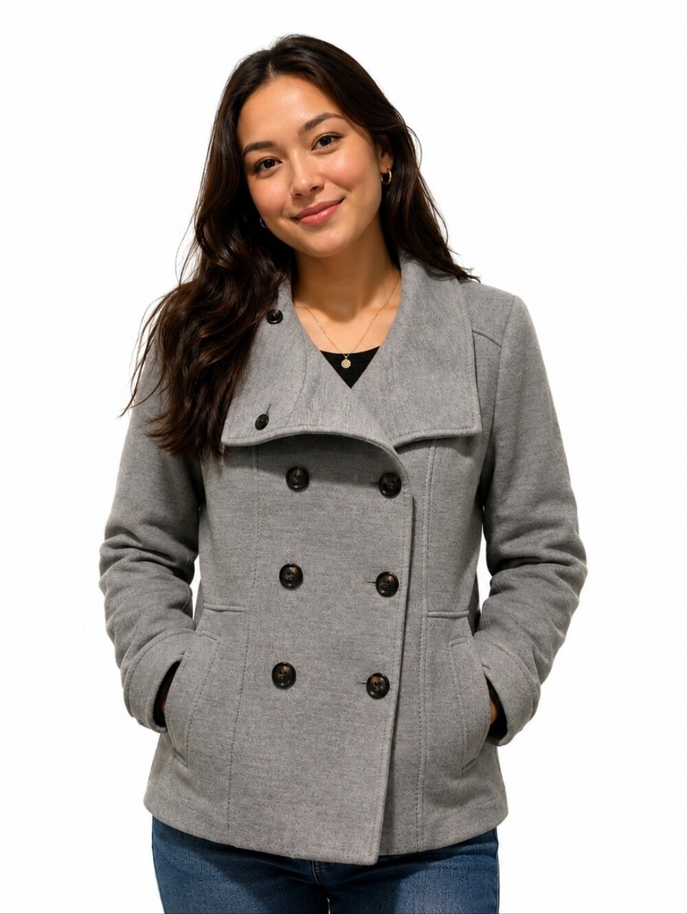 H&M Double-Breasted Heathered Grey Pea Coat Women's Size 10